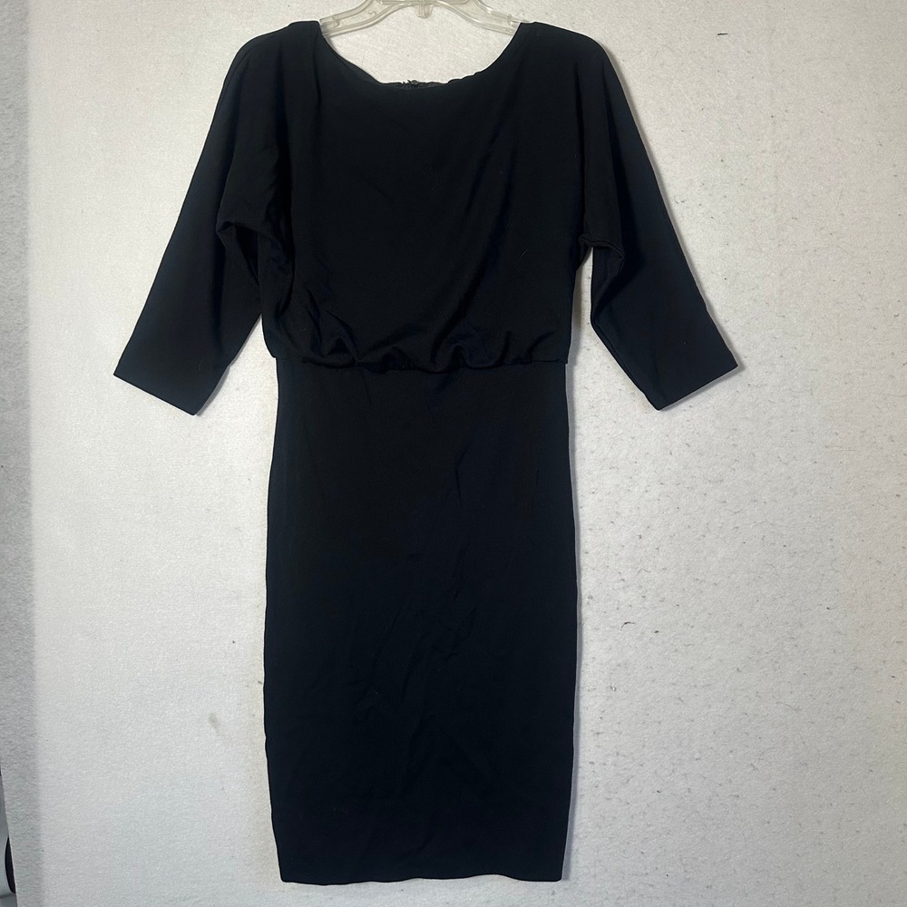 J. McLaughlin Black 3/4 Sleeve Blouson Sheath Dress Small Boat Neck Midi